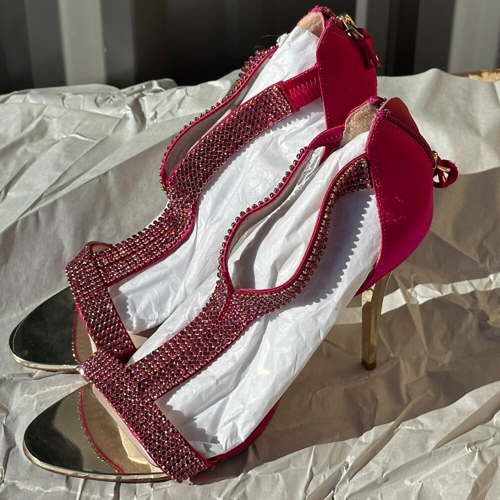 Giant Pink Rhinestone T-Strap Stiletto Heels | Gold Toe | Size 9
